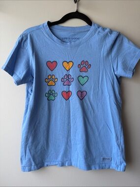 Life Is Good Light Blue Tee with Multicolor Hearts & Paw Prints cotton crusher s